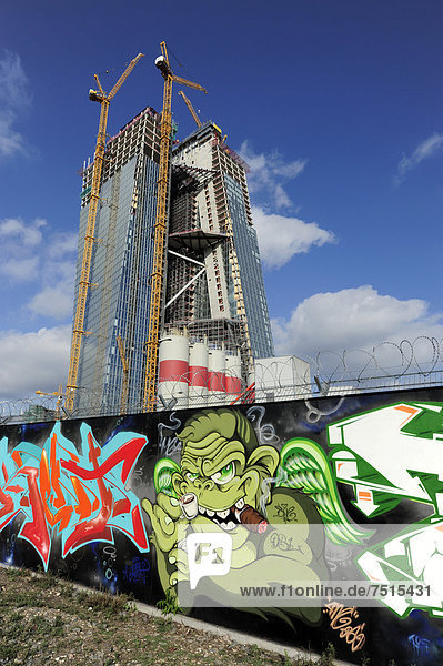 Graffiti in front of the construction site of the new ECB  European Central Bank  Frankfurt am Main  Hesse  Germany  Europe