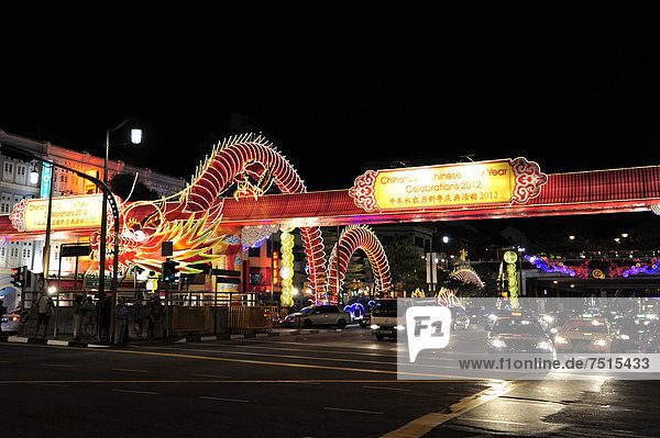 Road with a dragon as a decoration for the Chinese New Year celebrations  Chinatown  Central Area  Central Business District  Singapore  Asia