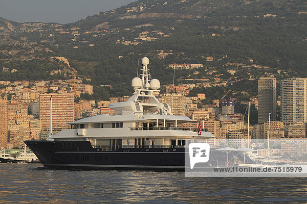 Motor Yacht Triple Seven  shipyard Nobis  length 66 70 m  built in 2006  anchored in front of the Principality of Monaco  Cote d'Azur  Mediterranean  Europe