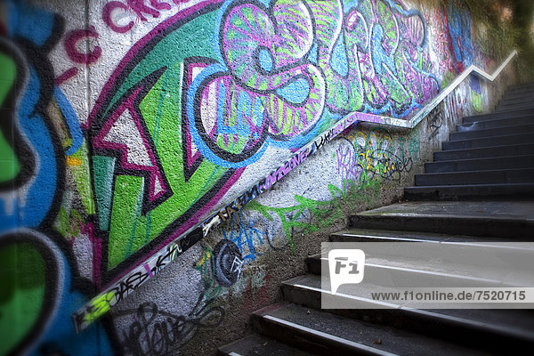 A dark staircase with graffiti  Trier  Rhineland-Palatinate  Germany  Europe