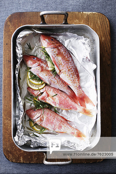 Pan of mullet fish with lemon and herbs