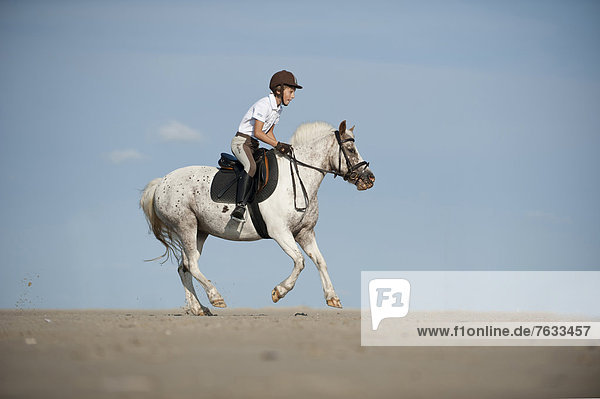 Girl riding a pony on the beach  St. Peter-Ording  Schleswig-Holstein  Germany  Europe