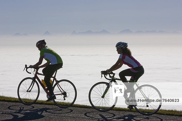Frau Sport Fahrradfahrer Fahrrad Rad Nebel Alpen Herbst Fahrrad fahren Nebelmeer