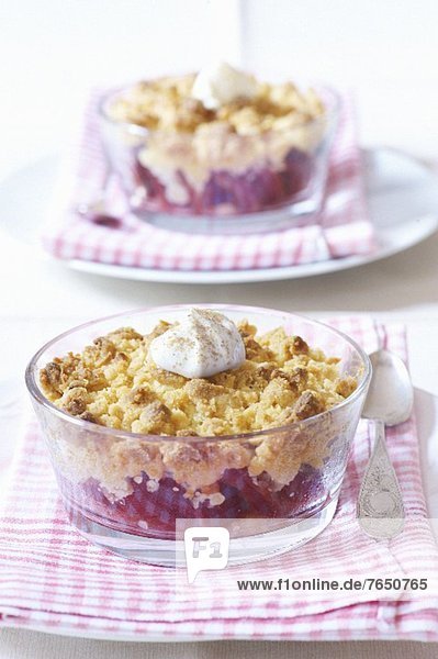Peach crumble with creme fraiche and grated tonka beans