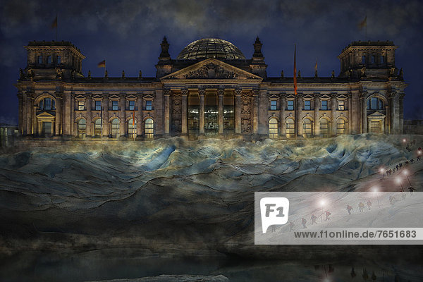 Montage  German Reichstag Building behind a glacier with a roped party  Government Quarter  symbolic image