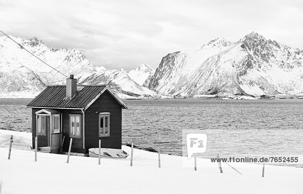 Europa Winter Fotografie Wohnhaus weiß schwarz Insel Einsamkeit Lofoten Fjord nordland