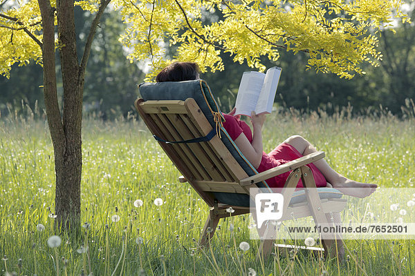 sitzend junge Frau junge Frauen Buch Stuhl Baum unterhalb Garten Laubbaum Taschenbuch vorlesen