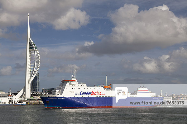 'Condor Ferries ''Commodore Goodwill'' entering Portsmouth Harbour past Spinnaker Tower  England  United Kingdom  Europe'