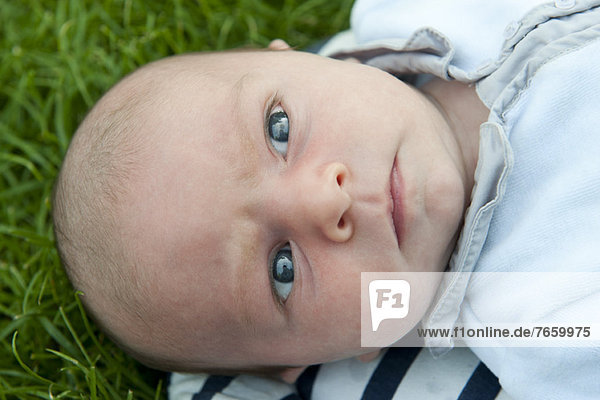 Baby boy lying on grass  portrait