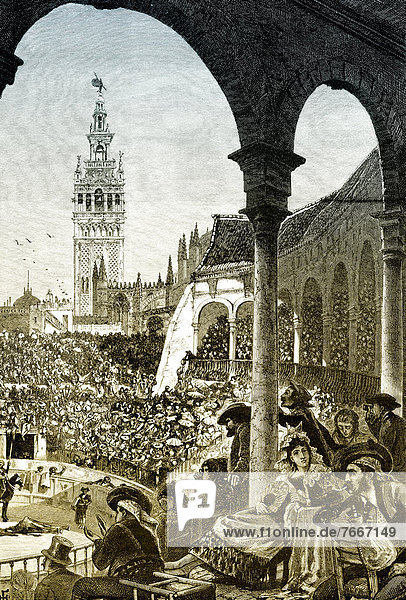 Historische Zeichnung  Stierkampf in Sevilla  19. Jahrhundert