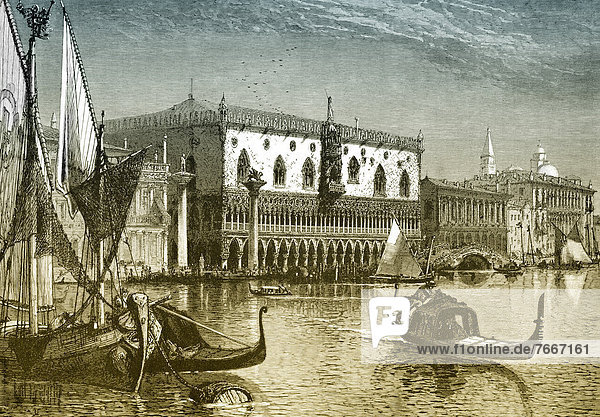 Historische Zeichnung  Stadtansicht mit dem Dogenpalast oder Palazzo Ducale von Venedig  Venetien  19. Jahrhundert