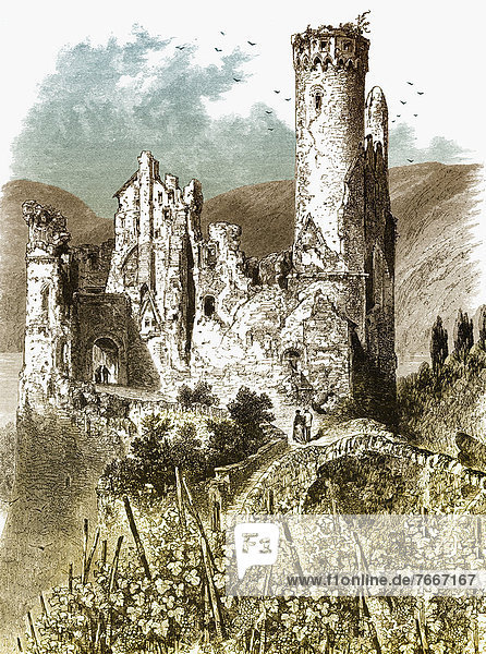 Historische Zeichnung  die Burgruine Ehrenfels  romantischer Mittelrhein  19. Jahrhundert