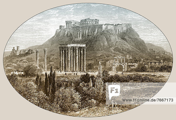 Historische Zeichnung  Der Jupitertempel am Fuße der Akropolis  Athen  Griechenland  Europa  19. Jahrhundert