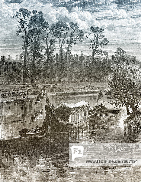 Historische Zeichnung  königliche Bootstour  Hampton Court Palace  London  19. Jahrhundert