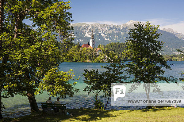 Lake Bled  looking towards the Pilgrimage Church on Bled Island and the Kamnik Alps  Triglav National Park  Slovenia  Europe