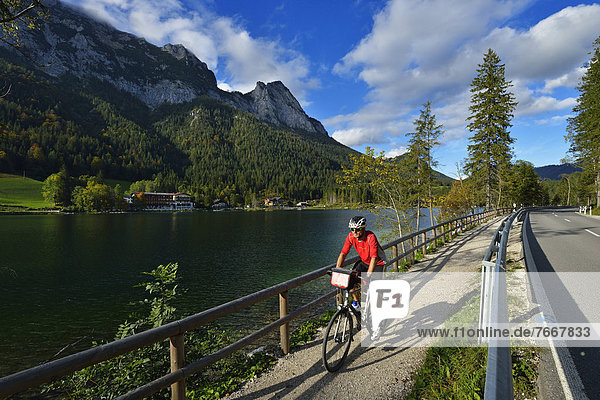 Cyclist at Hintersee Lake  Ramsau  Berchtesgaden  Upper Bavaria  Bavaria  Germany  Europe