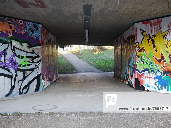 Graffiti on a pedestrian underpass  Freiburg  Baden-Wuerttemberg  Germany  Europe
