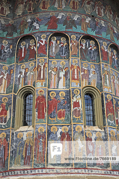 Exterior fresco  Manastirea Sucevita  Sucevita Monastery  Churches of Moldavia  UNESCO World Heritage Site  Romania  Europe