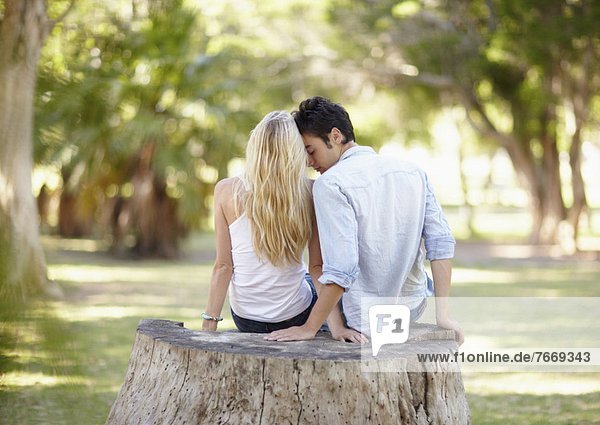 Couple sitting on tree stump