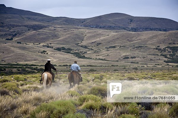 Gauchos riding horses  Patagonia  Argentina  South America