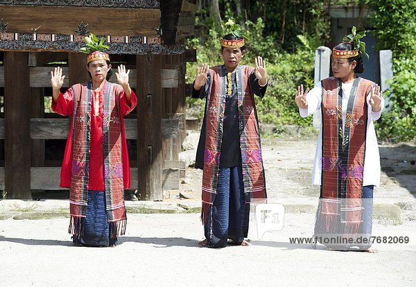 Three Batak tribeswomen in tribal costume performing traditional dance  Huta Bolon  Simanindo  Sumatra  Indonesia  Southeast Asia  Asia