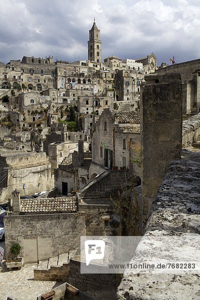 View of the Duomo and the Sassi of Matera  from the cliffside  Basilicata  Italy  Europe