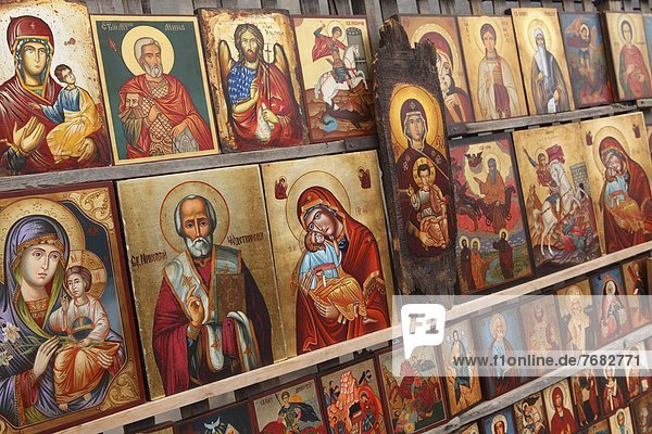 Greek Orthodox icons offered for sale outside the Alexander Nevsky Cathedral  Sofia  Bulgaria  Europe
