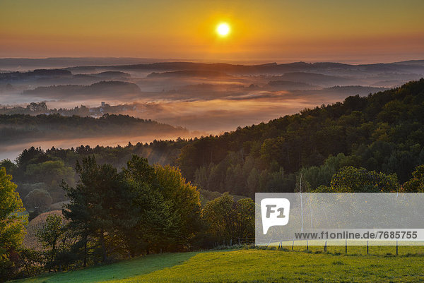Nebelstimmung bei Sonnenaufgang Kulm Oststeirisches Hügelland Österreich Europa