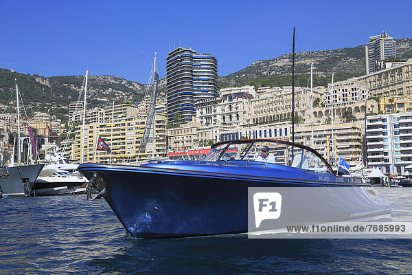 Blue motorboat  Monaco Yacht Show 2012  Port Hercule  Principality of Monaco  Cote d'Azur  Mediterranean Sea  Europe