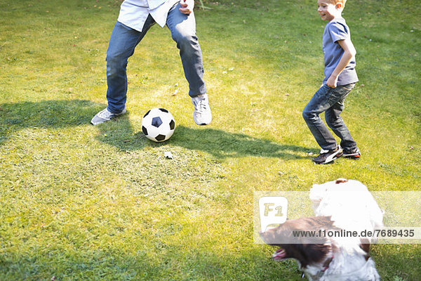 Junge spielt Fußball mit Hund im Freien