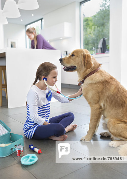 Mädchen spielt Arzt mit Hund in der Küche
