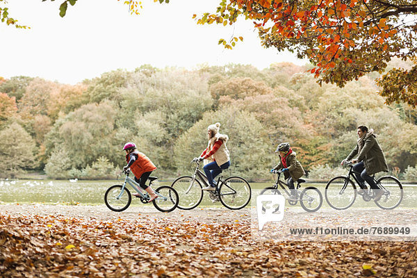 Family riding bicycles together in park