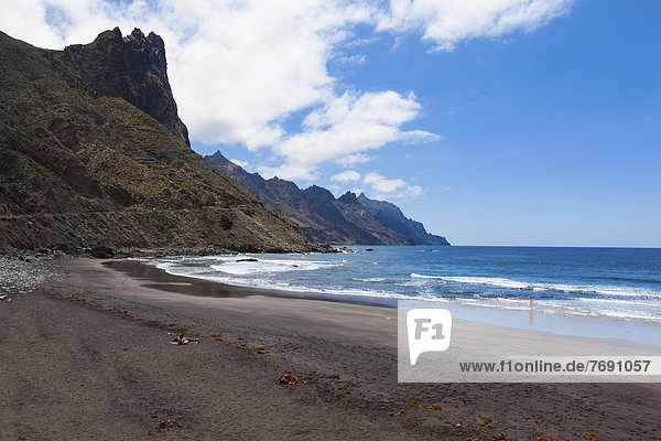 Cliffs in the Anaga Mountains with the Playa de Roque de las Bodegas beach at the village of Taganana