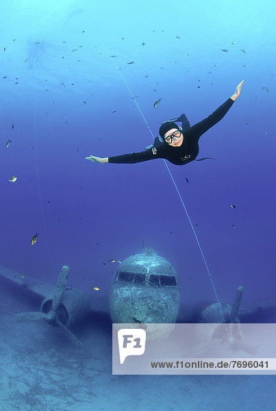 Freediver at plane wreck Douglas Dakota  Mediterranean Sea  Ka?  Kas  Turkey