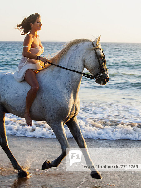 A Woman Riding A White Horse On The Beach At Sunset By The Ocean  Tarifa Cadiz Andalusia Spain