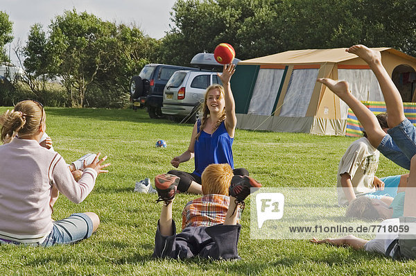 Children Having Fun On A Camping Holiday   Pevensey Bay  East Sussex  England  United Kingdom