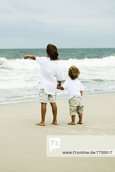 Cute Young Boys On The Beach  Looking At The Ocean Holding Hands.