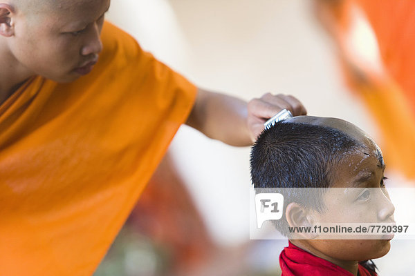 Man Shaving Head Of Novice Monk At Wat Naluang  Luang Prabang  Northern Laos