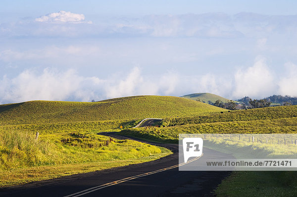 Hawaii  Big Island  nahe  Biegung  Biegungen  Kurve  Kurven  gewölbt  Bogen  gebogen  rollen  Hügel  Fernverkehrsstraße  Reitsattel  Sattel  Gras  Hawaii  Ranch