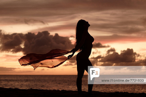 Frau  Strand  Sonnenuntergang  Silhouette  nackt  Sarong  Hawaii  North Shore  Oahu