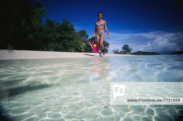 Frau  gehen  Strand  über  unterhalb  halten  Schnorchel  Ansicht  Mikronesien  Fahrgestell  Palau