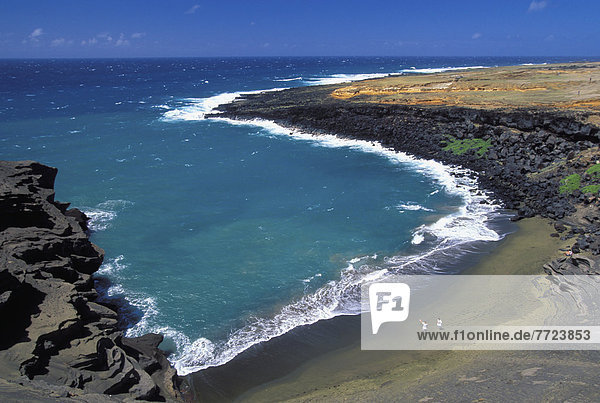 Hawaii  Big Island  South Point  Green Sand Beach With Hikers On Sand