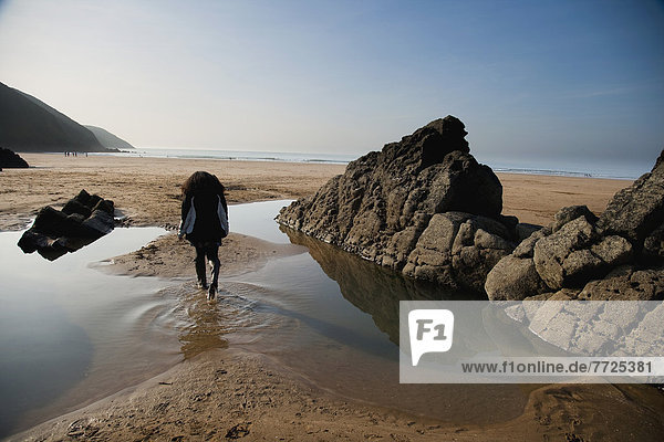 Felsbrocken  Strand  Großbritannien  Sand  North Devon  umgeben  groß  großes  großer  große  großen  Putsborough Sands