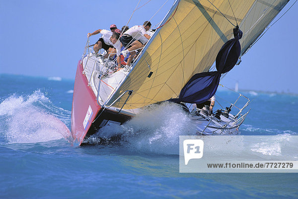 Florida  Miami  Short Ocean Racing Championship (Sorc)  Close-Up Of Bow Action Through Waters  Crew Tacking