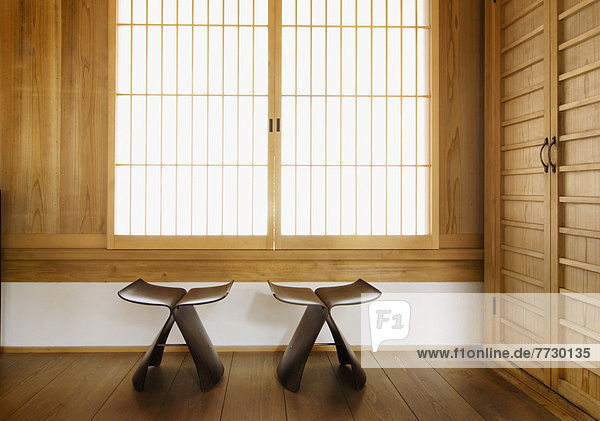 Zen Temple Seats In Front Of A Window  Koyasan  Wakayama  Japan