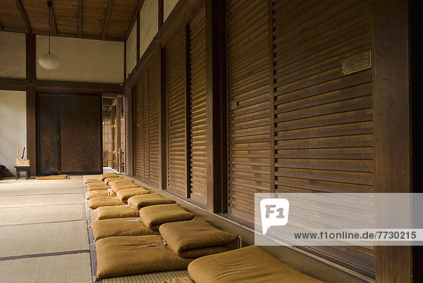 Row Of Zen Meditation Cushions In A Japanese Temple  Kyoto  Japan