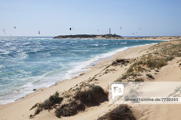 Kitesurfen vor der Küste des Strandes bei Zahora  Andalusien  Spanien