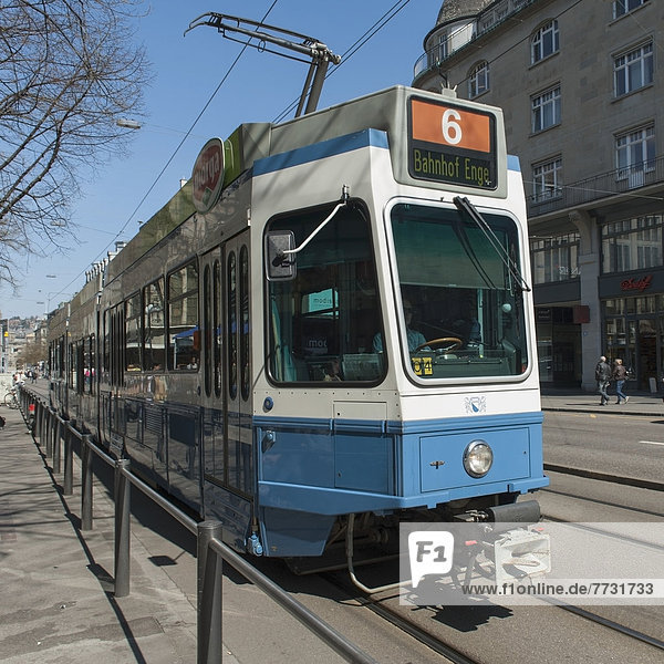 A Streetcar Riding On The Tracks  Zurich Switzerland