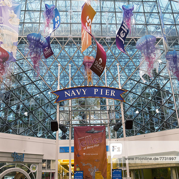 A Sign For The Navy Pier With Banner Hanging Overhead  Chicago Illinois United States Of America