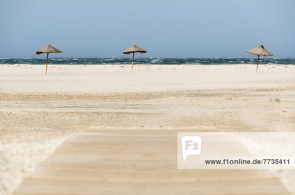 Three Umbrellas On A White Sand Beach Along The Water's Edge  Tarifa Cadiz Andalusia Spain